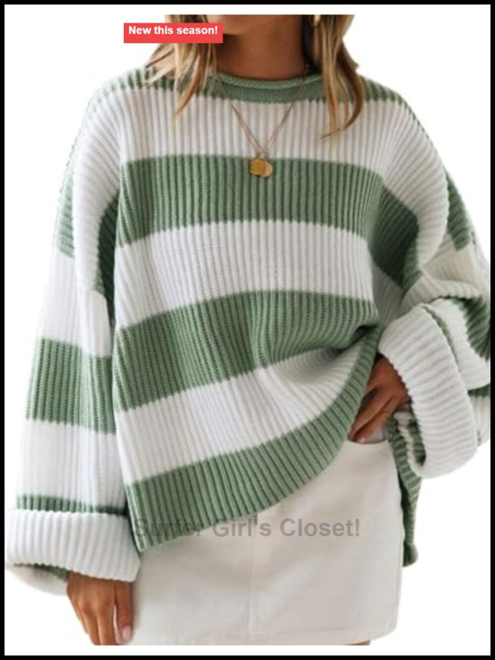Oversized Striped Knit Sweater Pullover Crew Neck Long Sleeve Acrylic